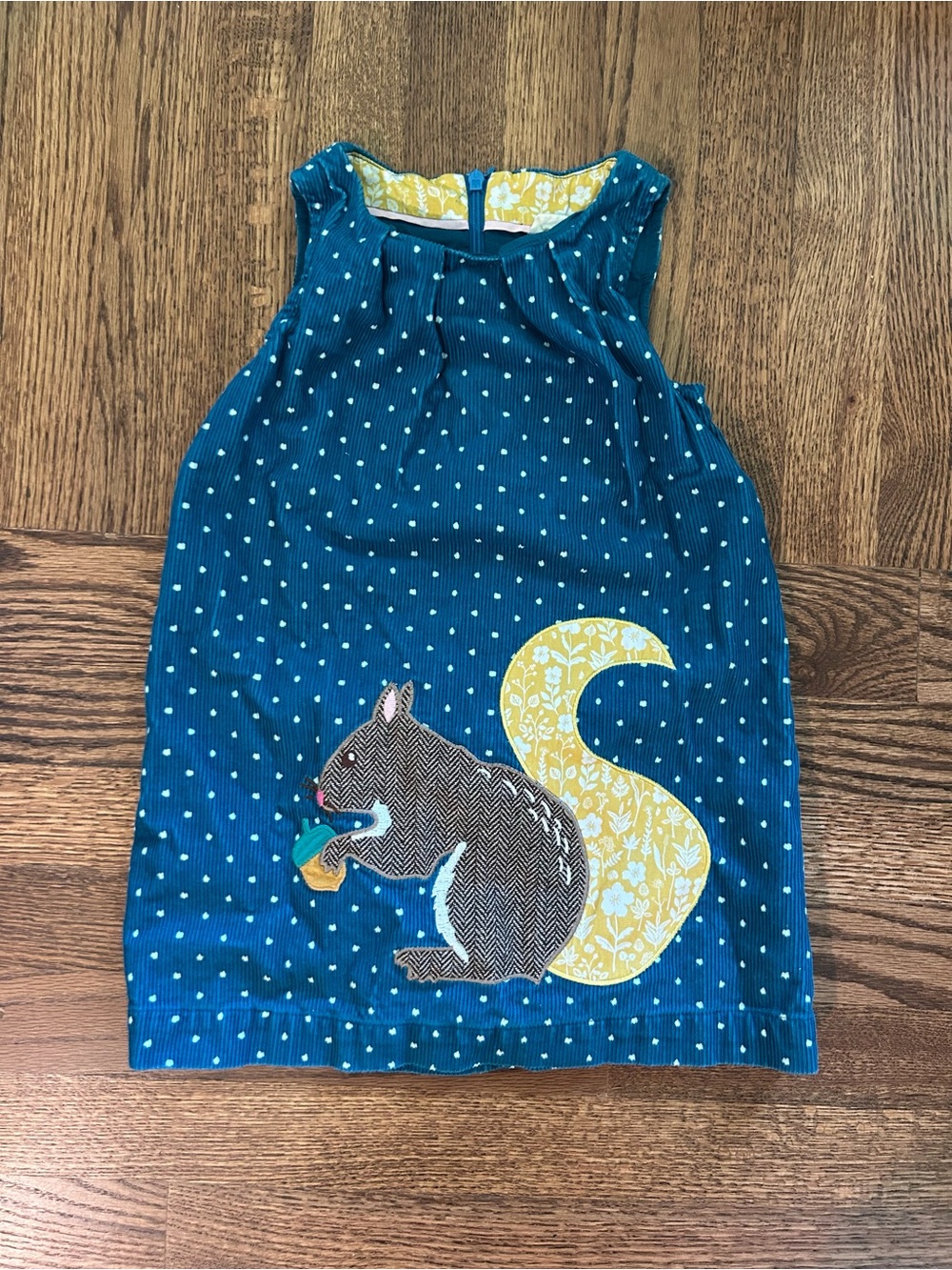 Boden Girls Dress 3-4Y Teal Blue Polka Dot Squirrel Moon Applique Corduroy
